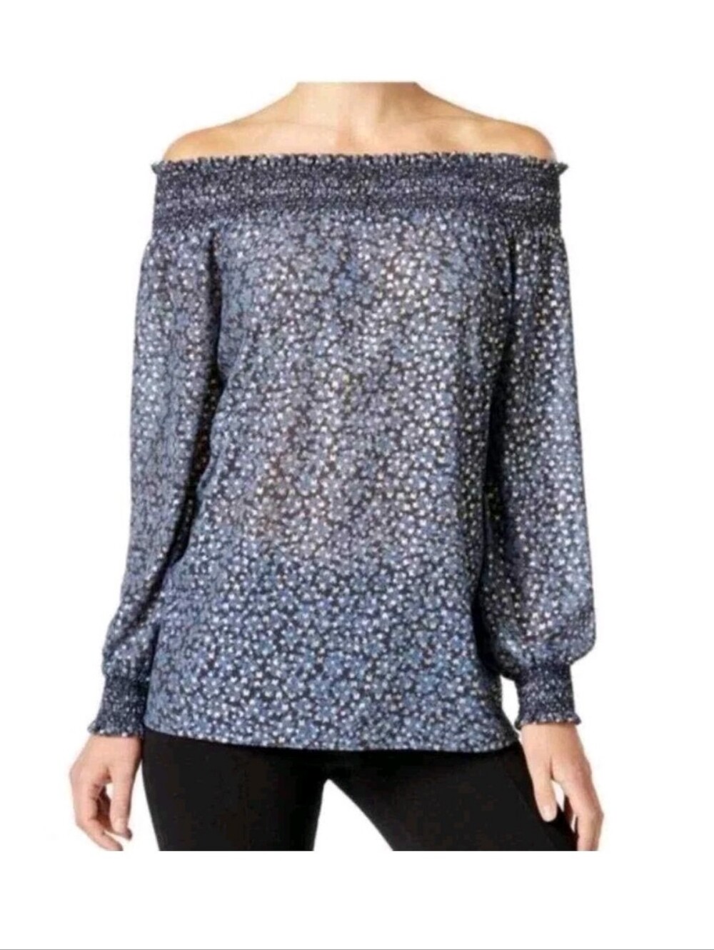 Michael Kors Blue And Gold Off-Shoulder Floral Peasant Top Size Medium